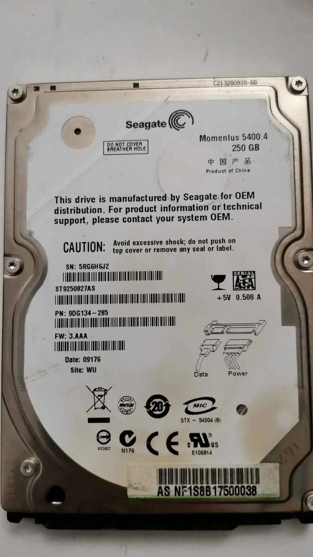 Seagate ST9250827AS S/N 5RG6H6J2