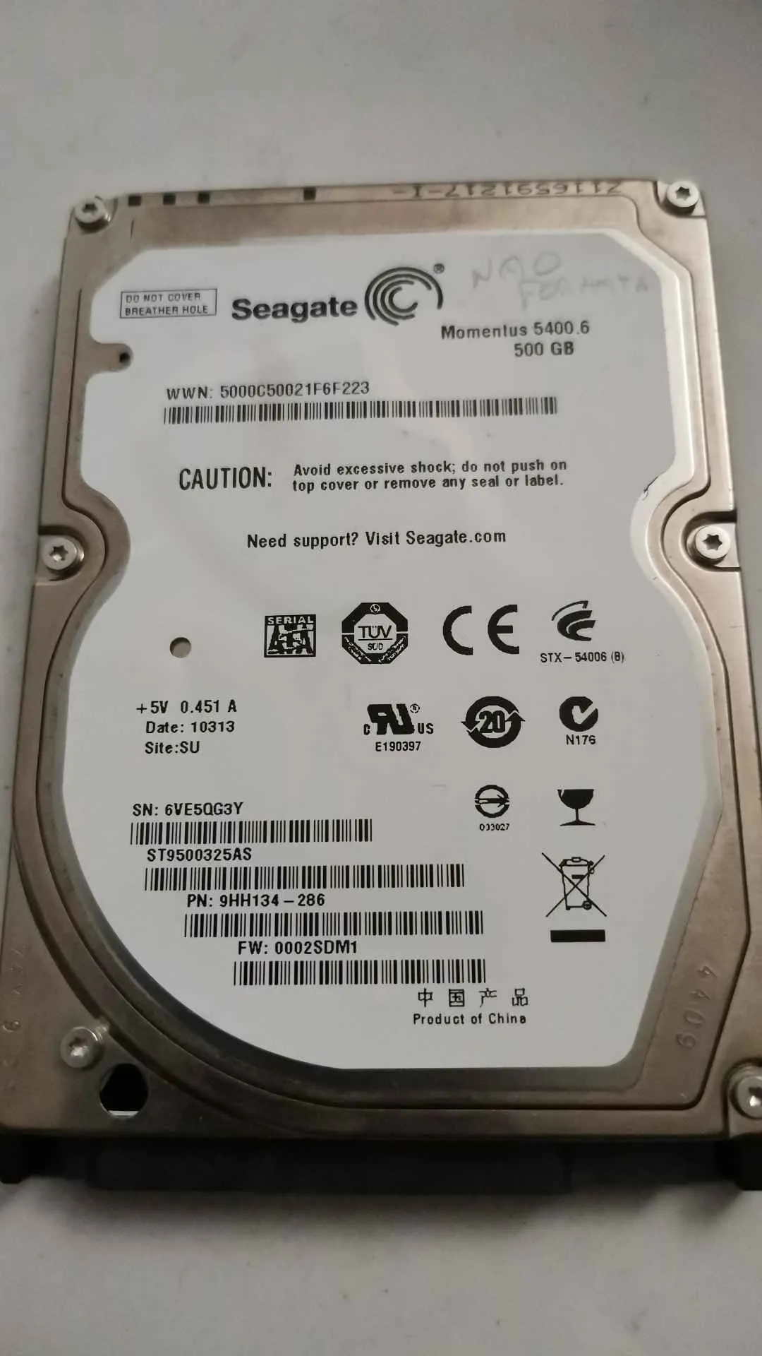 Seagate ST9500325AS S/N 6VE5QG3Y