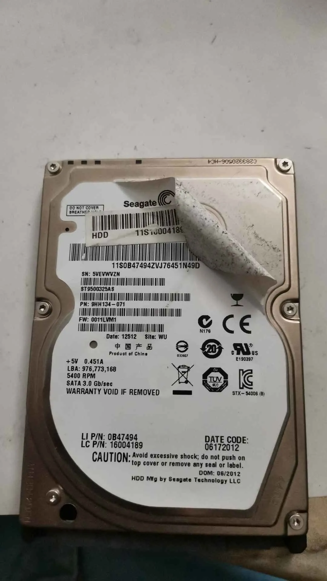 Seagate ST9500325AS S/N 5VEVWVZN