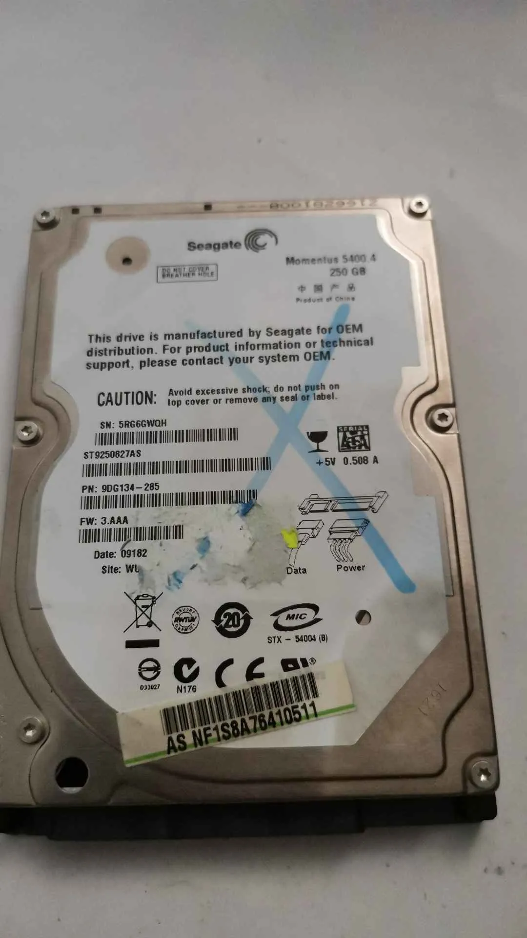 Seagate ST9250827AS S/N 5RG6GWQH