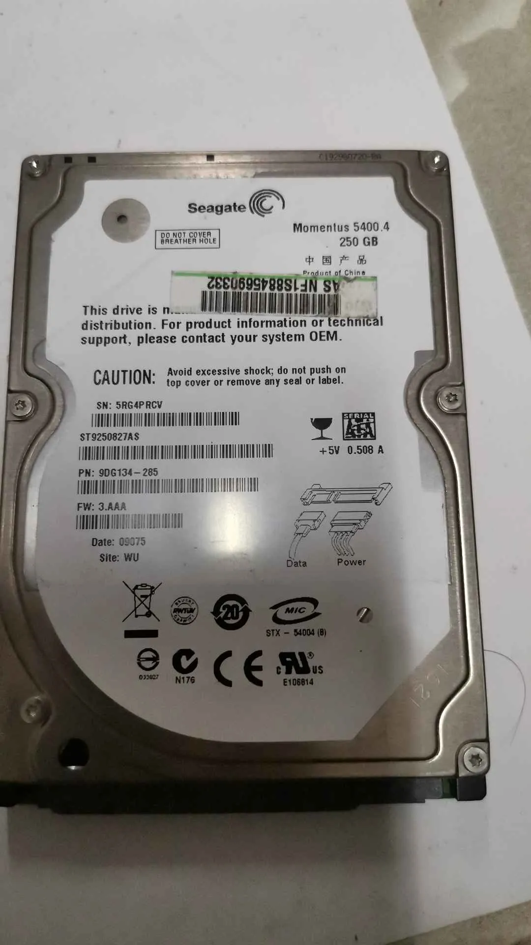 Seagate ST9250827AS S/N 5RG4PRCV