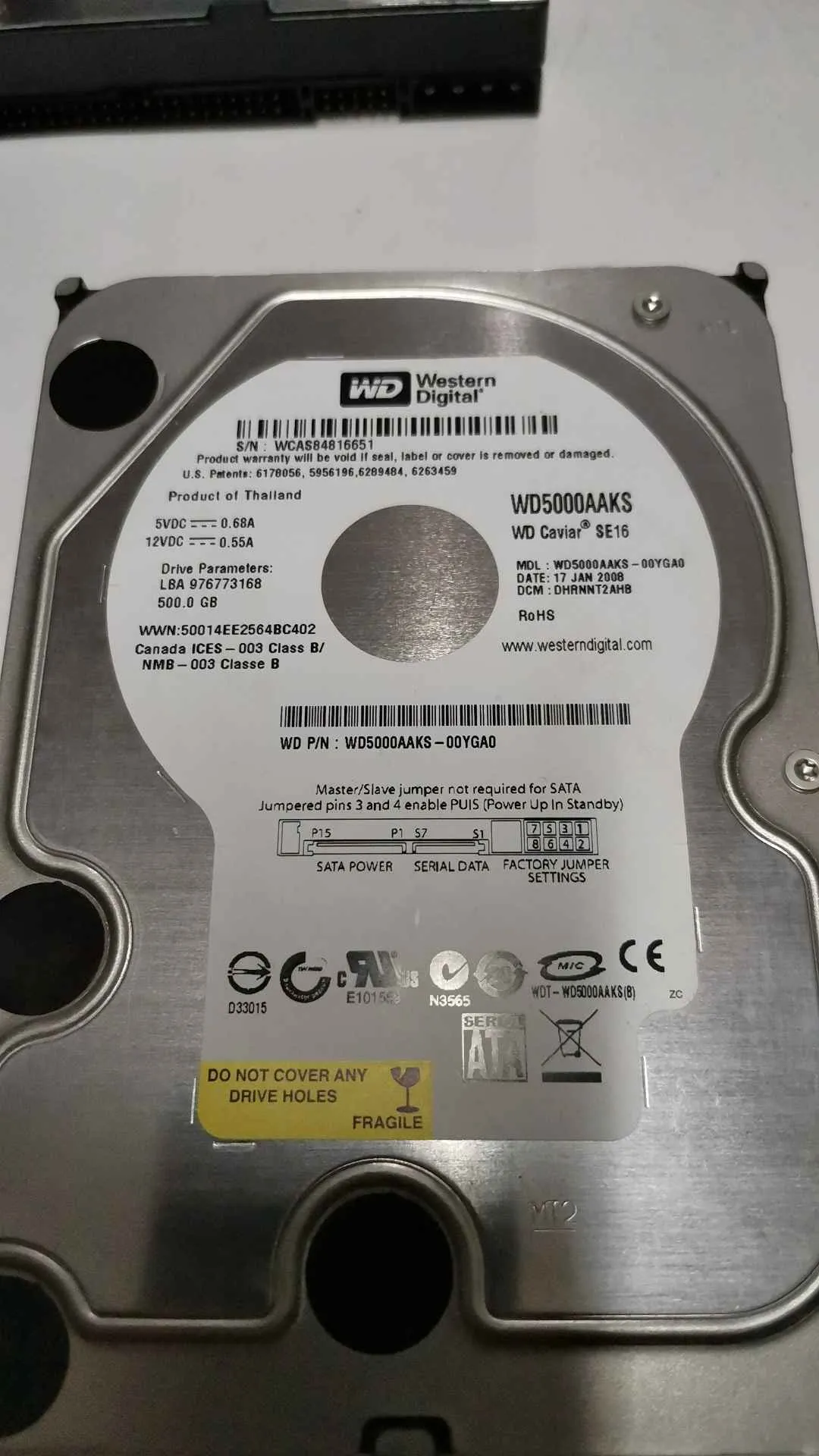 Western Digital WD5000AAKS-00YGA0 S/N WCAS84816651