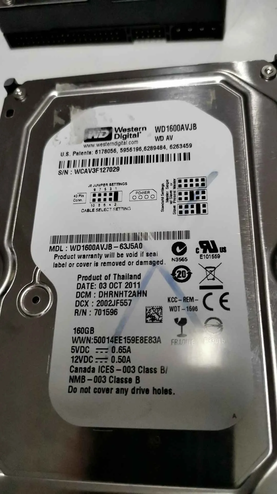 Western Digital WD1600AVJB-63J5A0 S/N WCAV3F127029