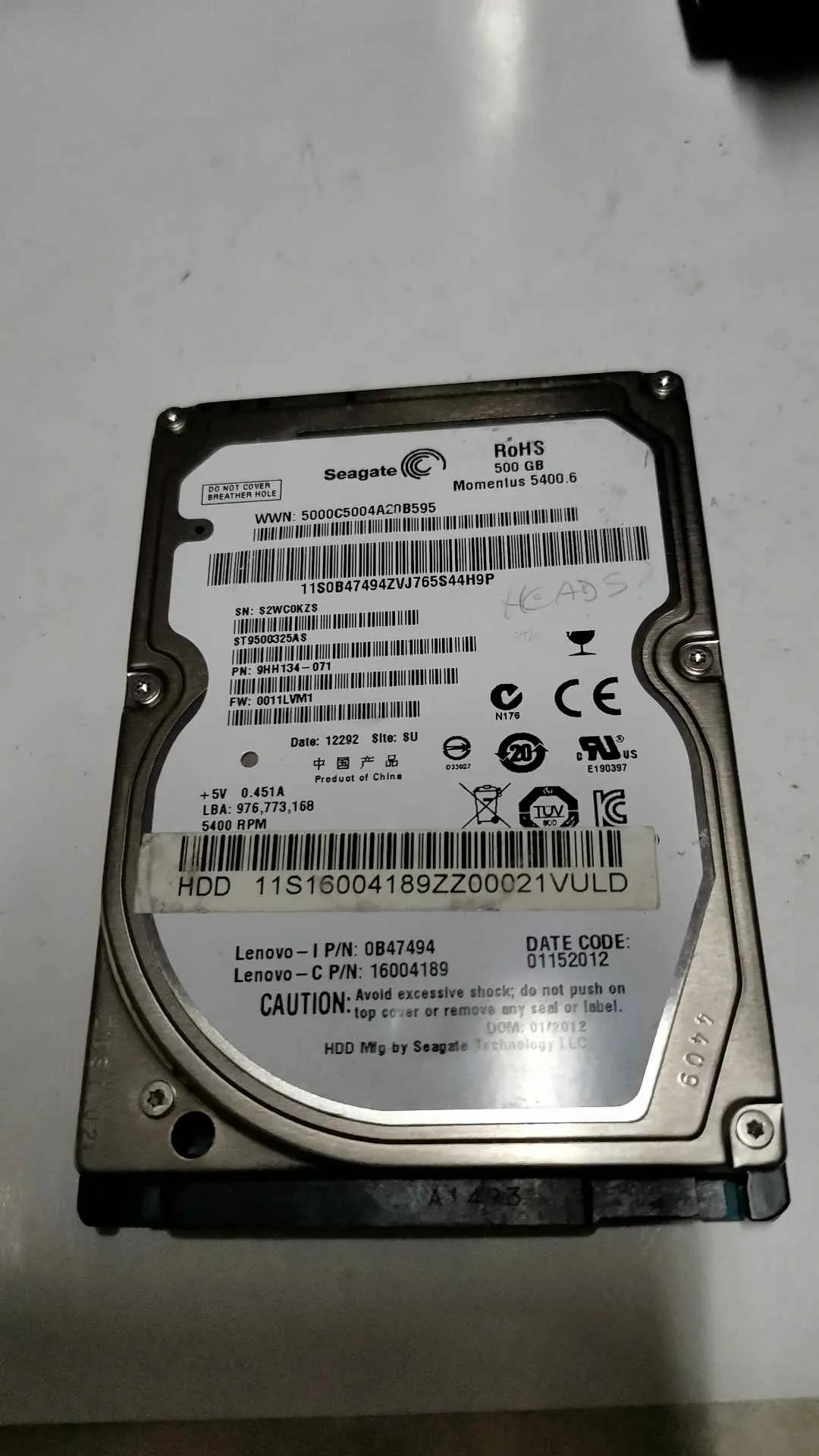 Seagate ST9500325AS S/N S2WC0KZS