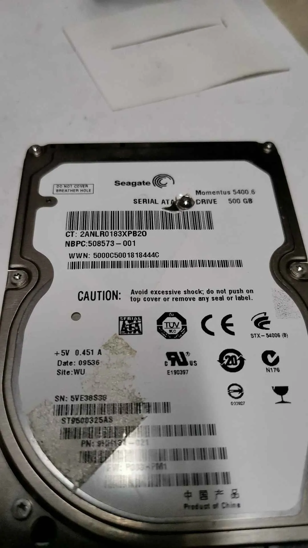 Seagate ST9500325AS S/N 5VE38S38