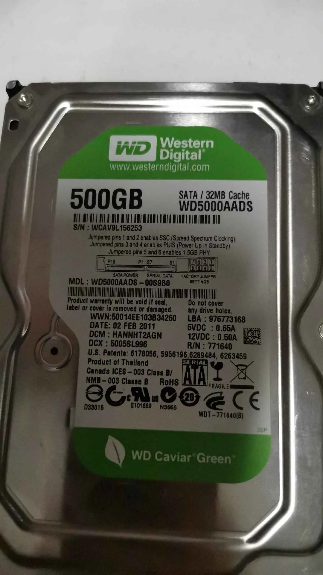 Western Digital WD5000AADS-00S9B0 S/N WCAV9L156253