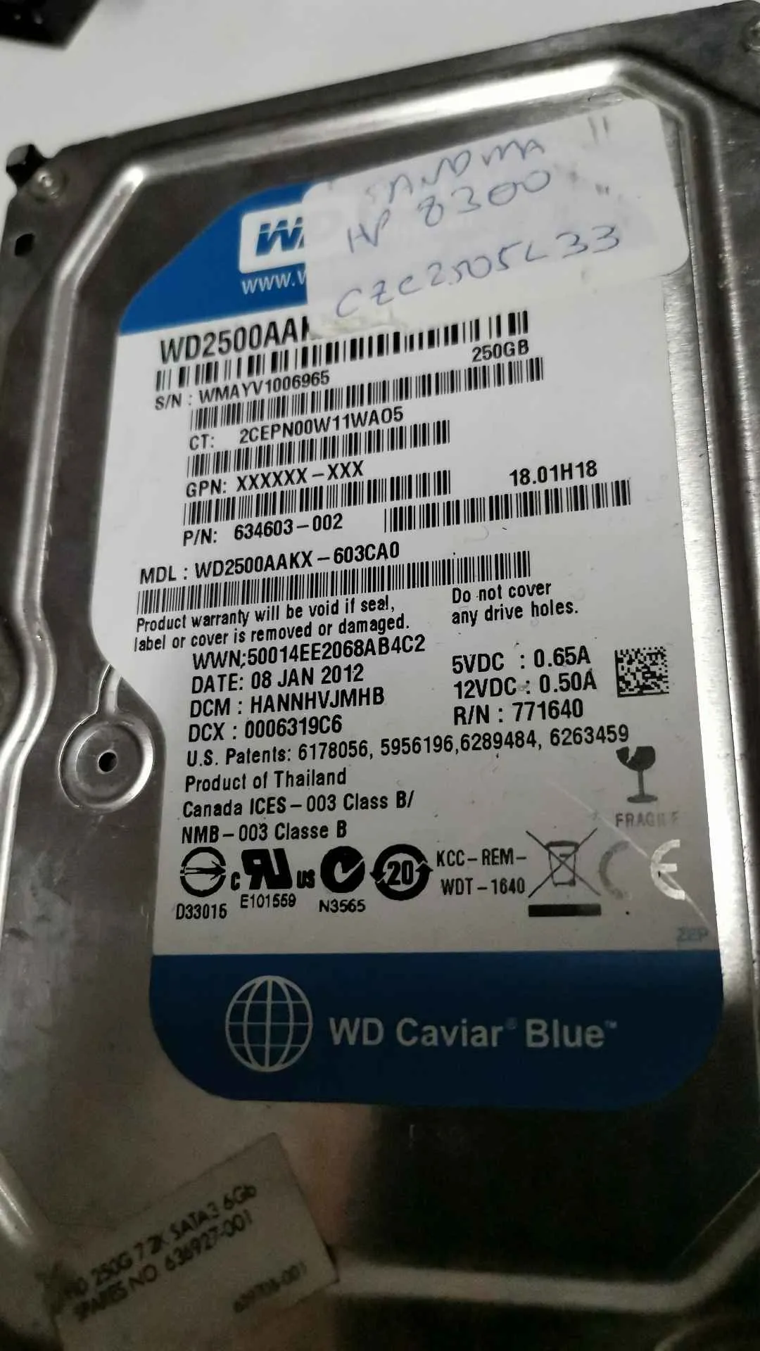Western Digital WD2500AAKX-603CA0 S/N WMAYV1006965