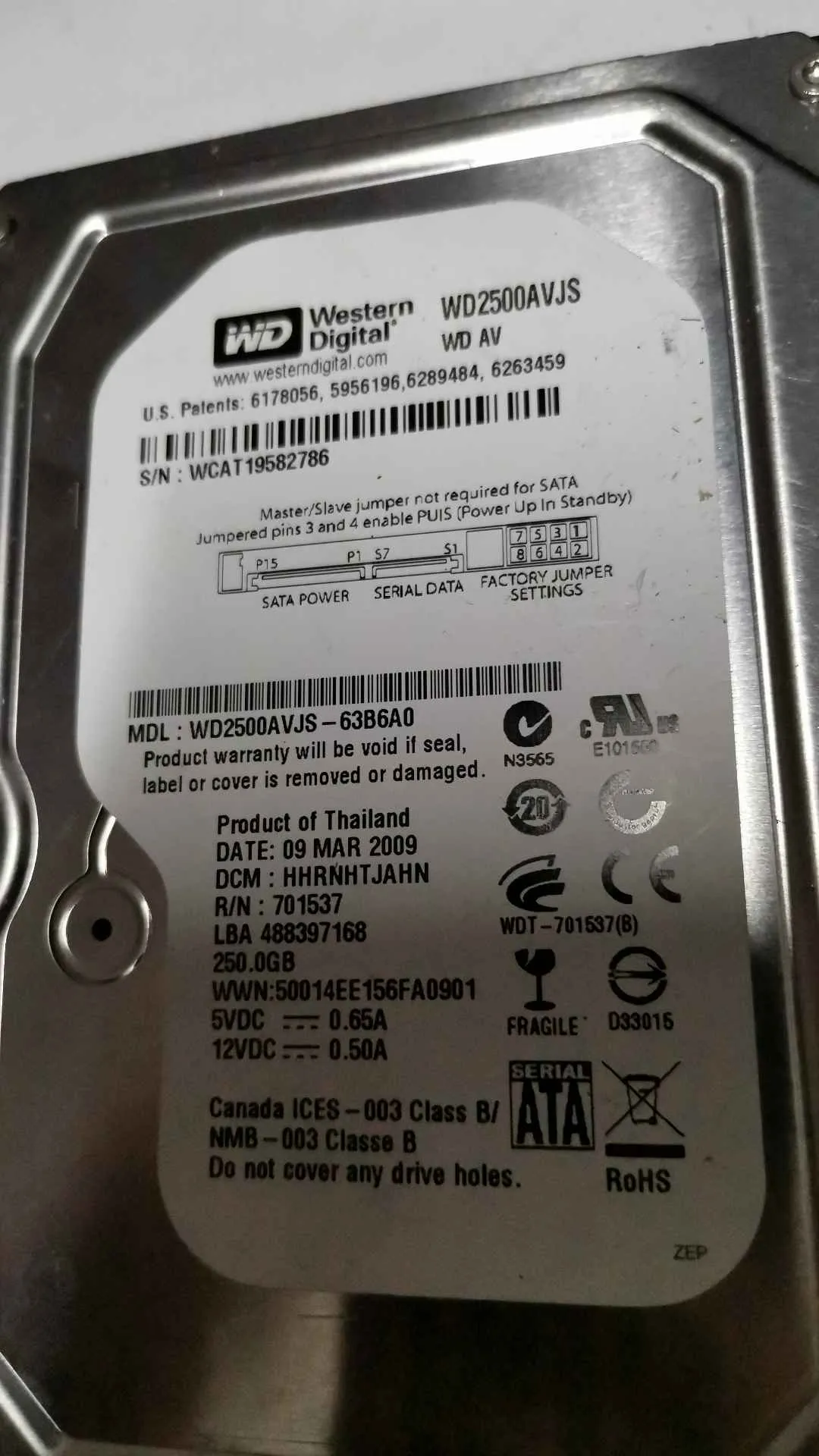 Western Digital WD2500AVJS-63B6A0 S/N WCAT19582786