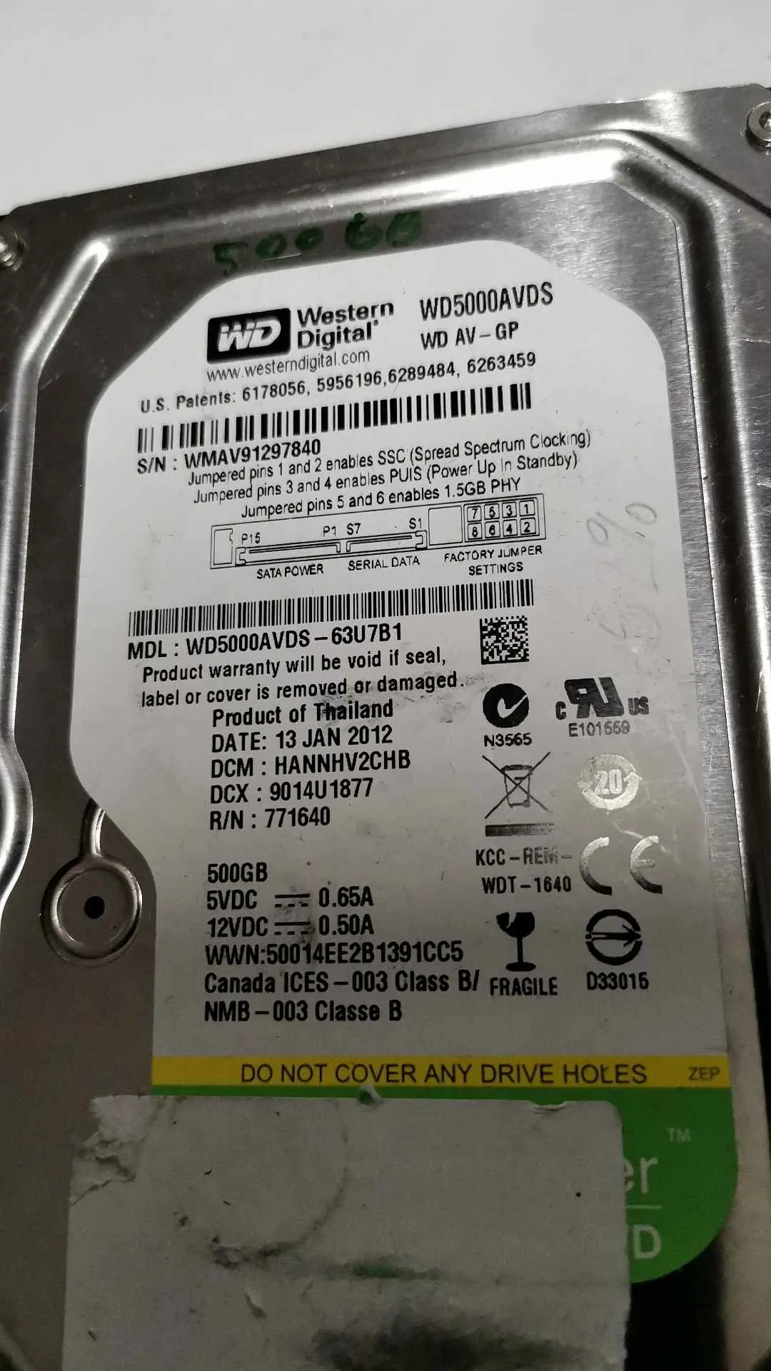 Western Digital WD5000AVDS-63U7B1 S/N WMAV91297840