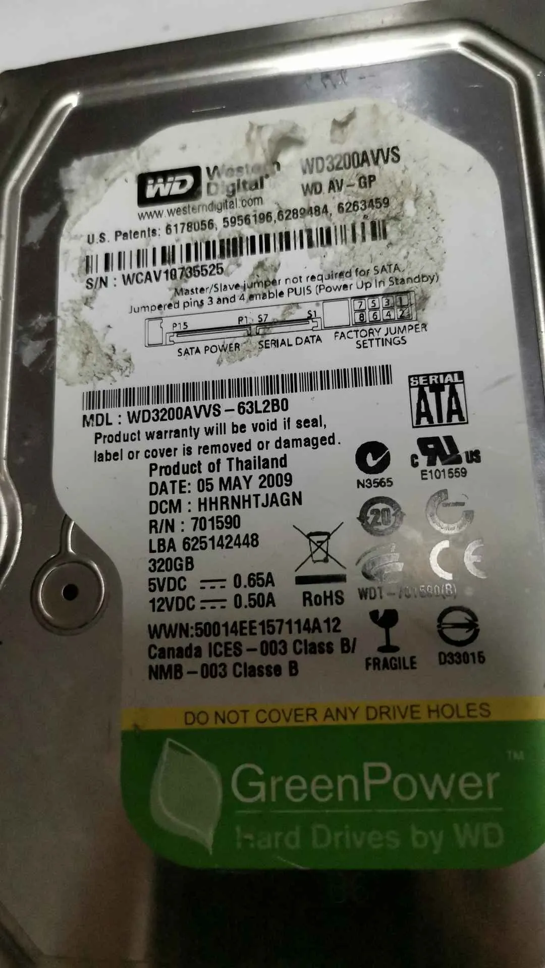 Western Digital WD3200AVVS-63L2B0 S/N WCAV10735525