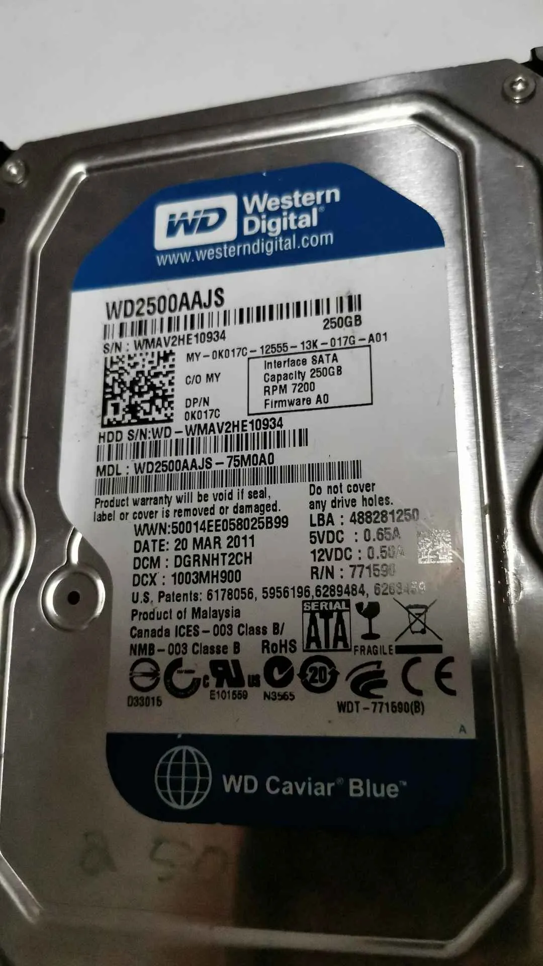 Western Digital WD2500AAJS-75M0A0 S/N WMAV2HE10934