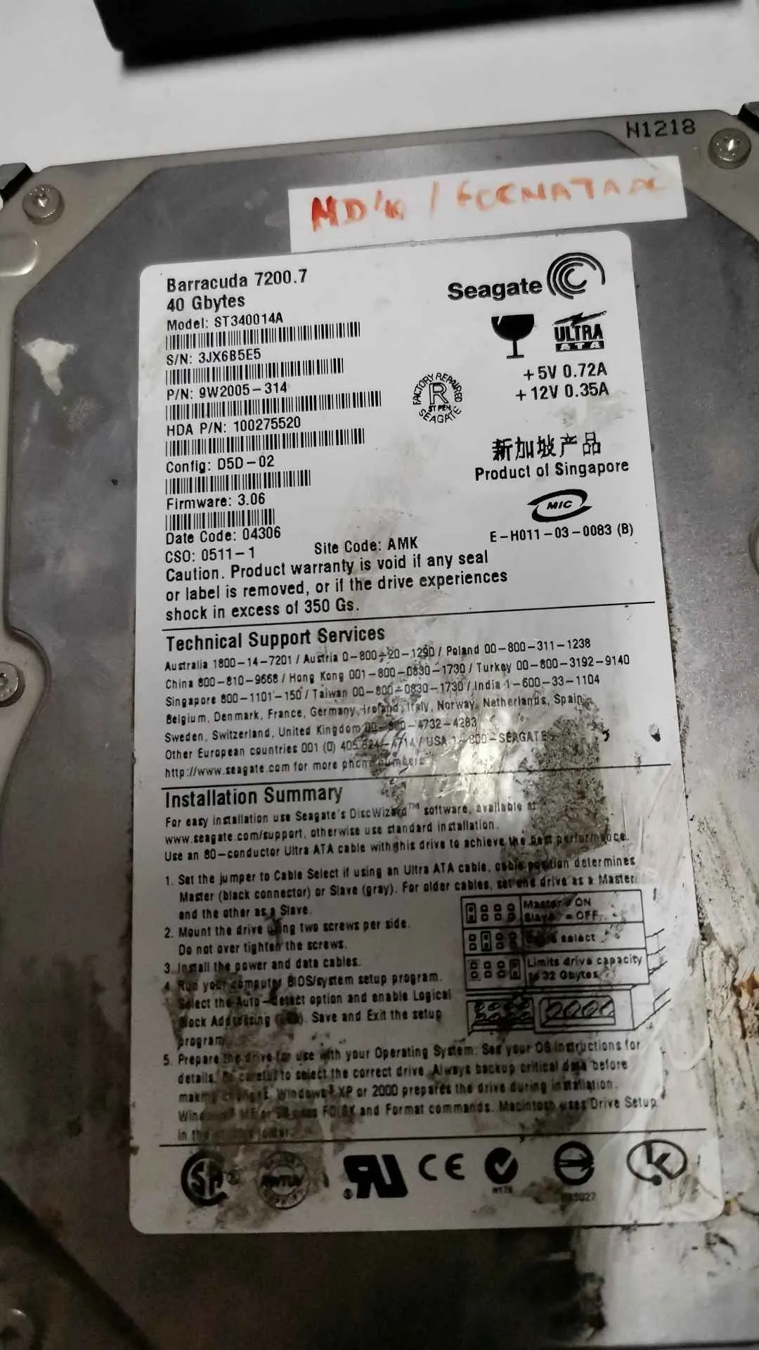 Seagate ST340014A S/N 3JX6B5E5