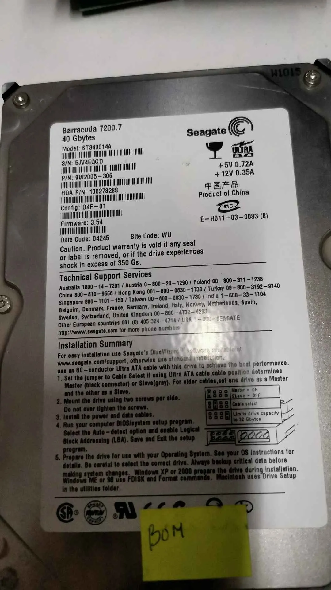Seagate ST340014A S/N 5JV4EQGD