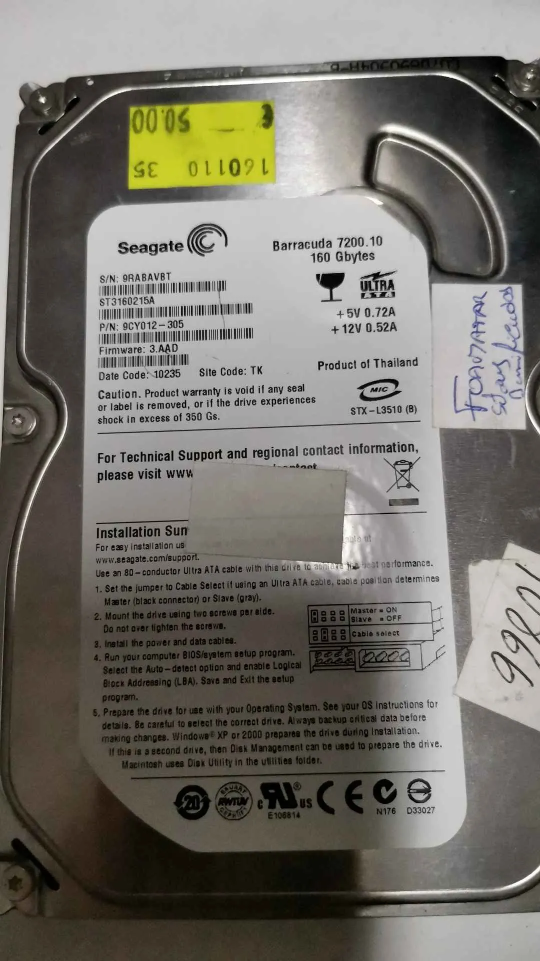 Seagate ST3160215A S/N 9RABAVBT