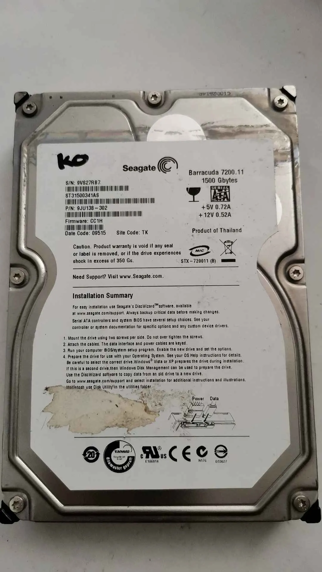 Seagate ST31500341AS S/N 9VS27RB7