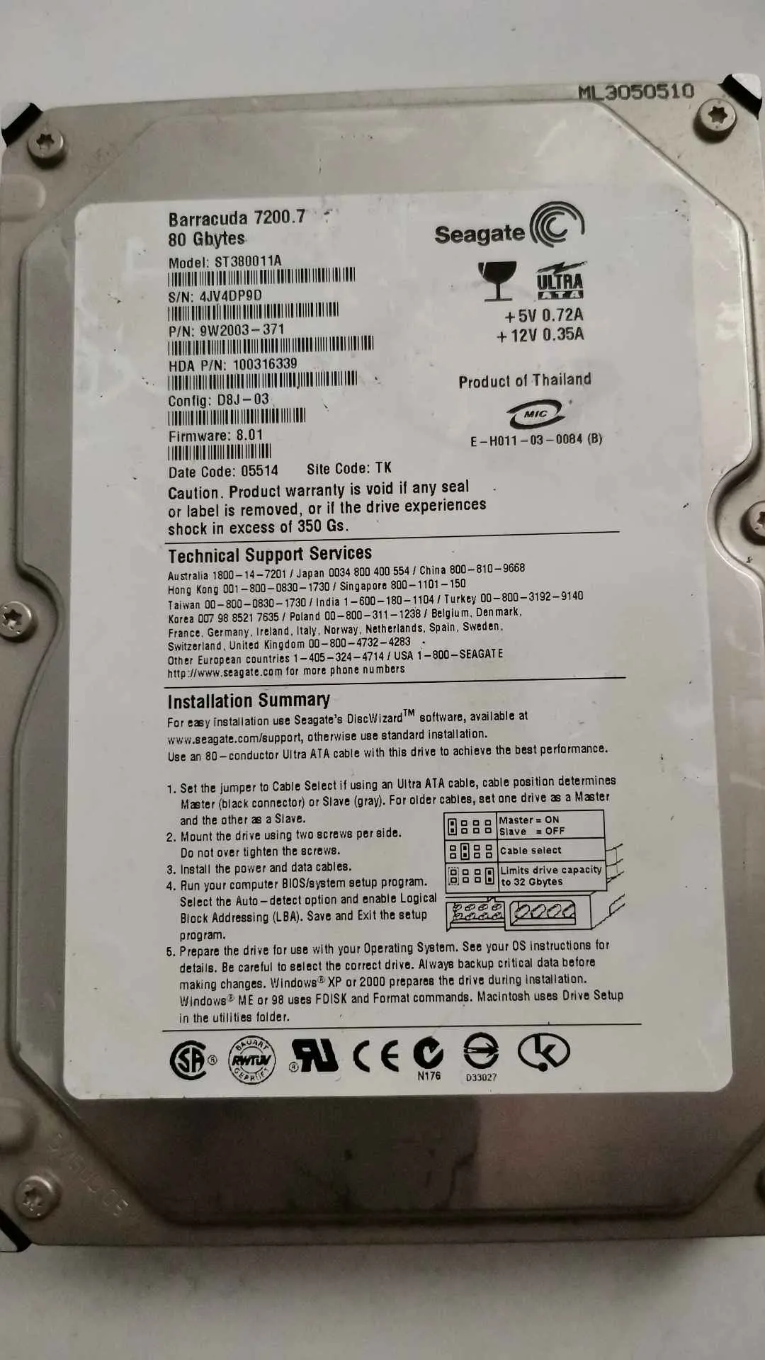 Seagate ST380011A S/N 4JV4DP9D