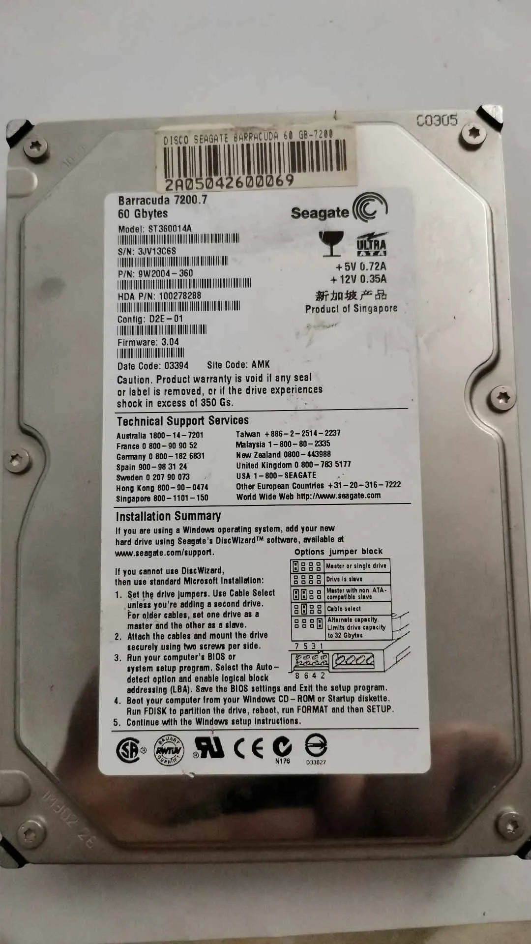 Seagate ST360014A S/N 3JV13C6S