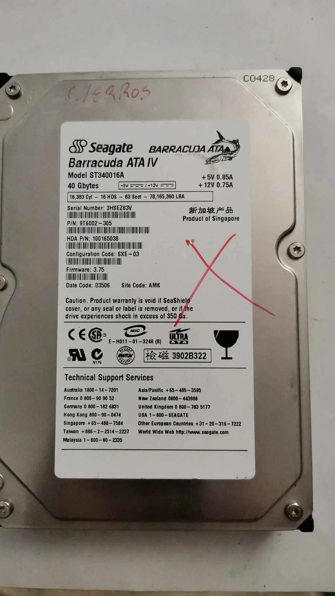 Seagate ST340016A S/N 3HSEZ83V