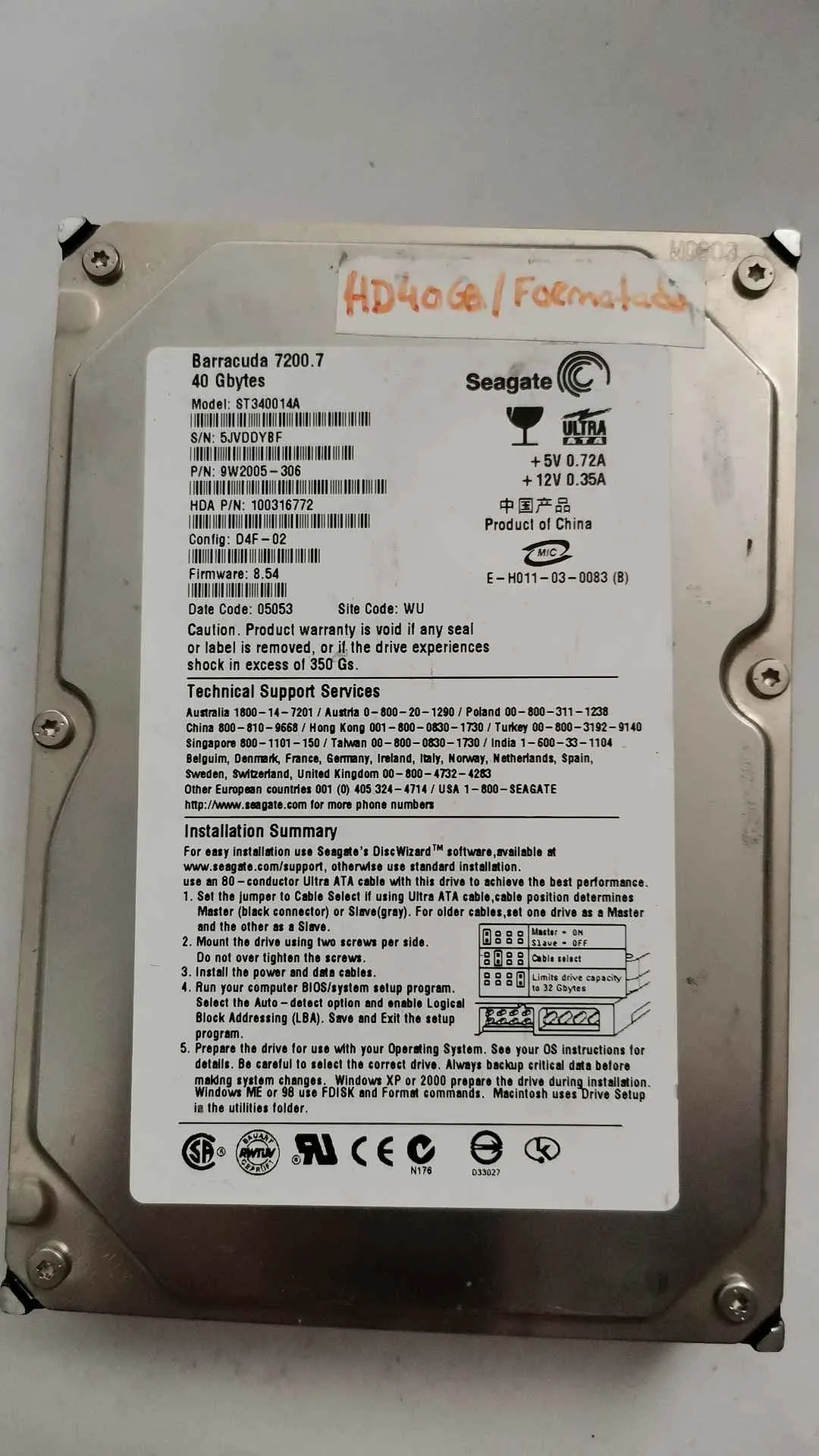 Seagate ST340014A S/N 5JVDDYBF