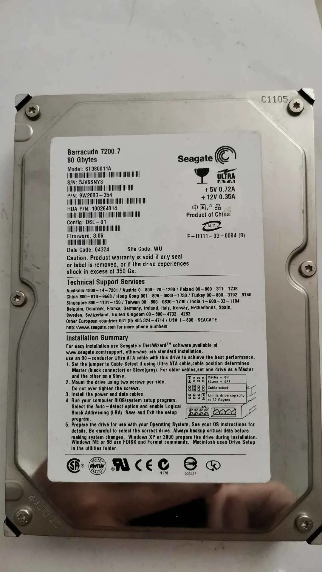 Seagate ST380011A S/N 5JV6SNY8