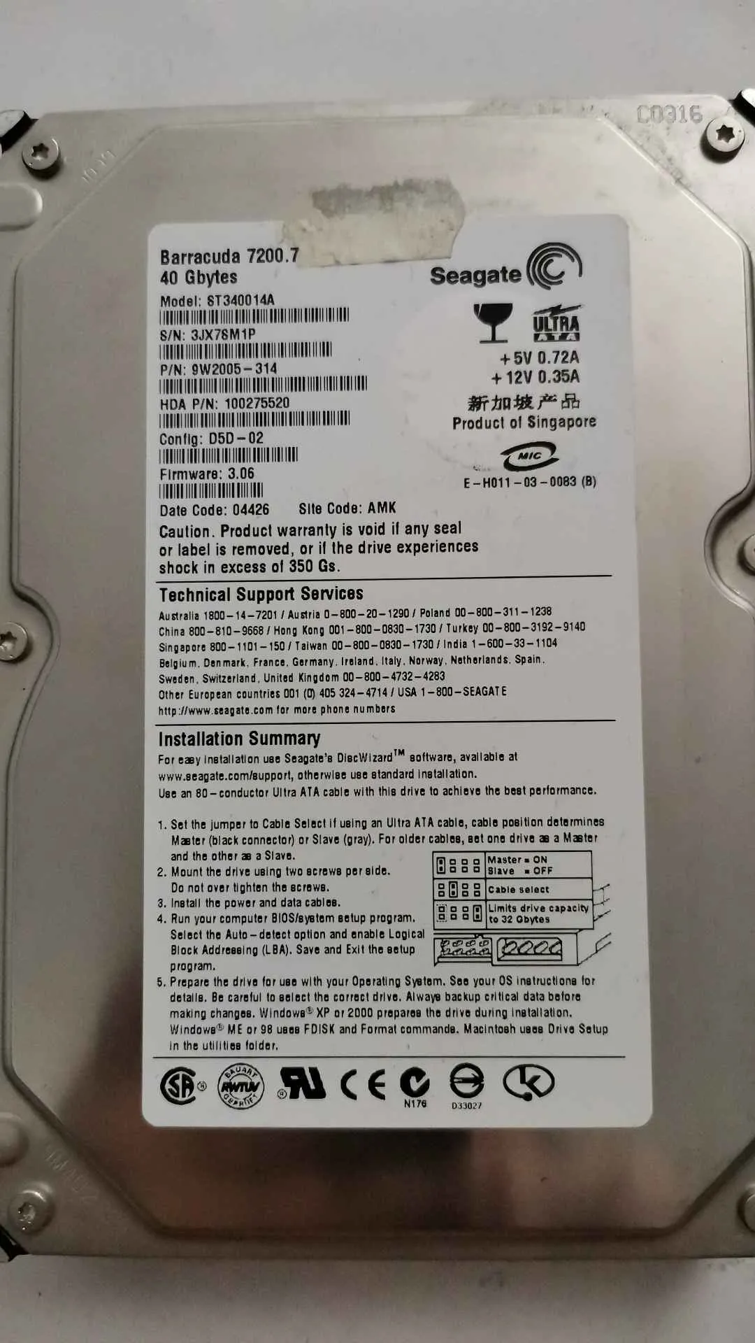 Seagate ST340014A S/N 3JX7SM1P