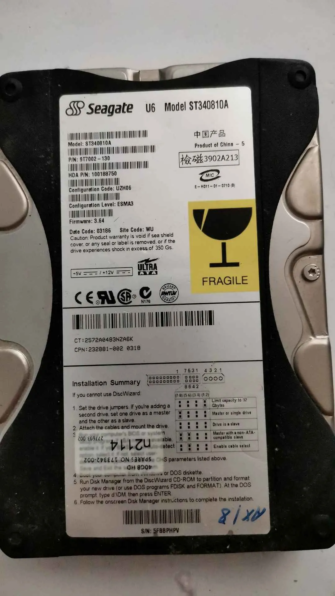 Seagate ST340810A S/N 5FBBPHPV