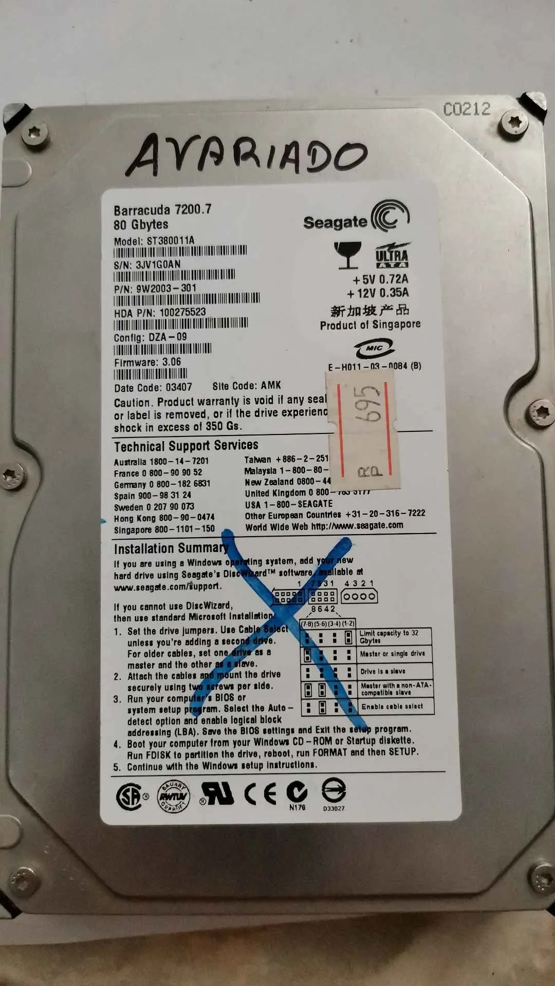 Seagate ST380011A S/N 3JV1G0AN