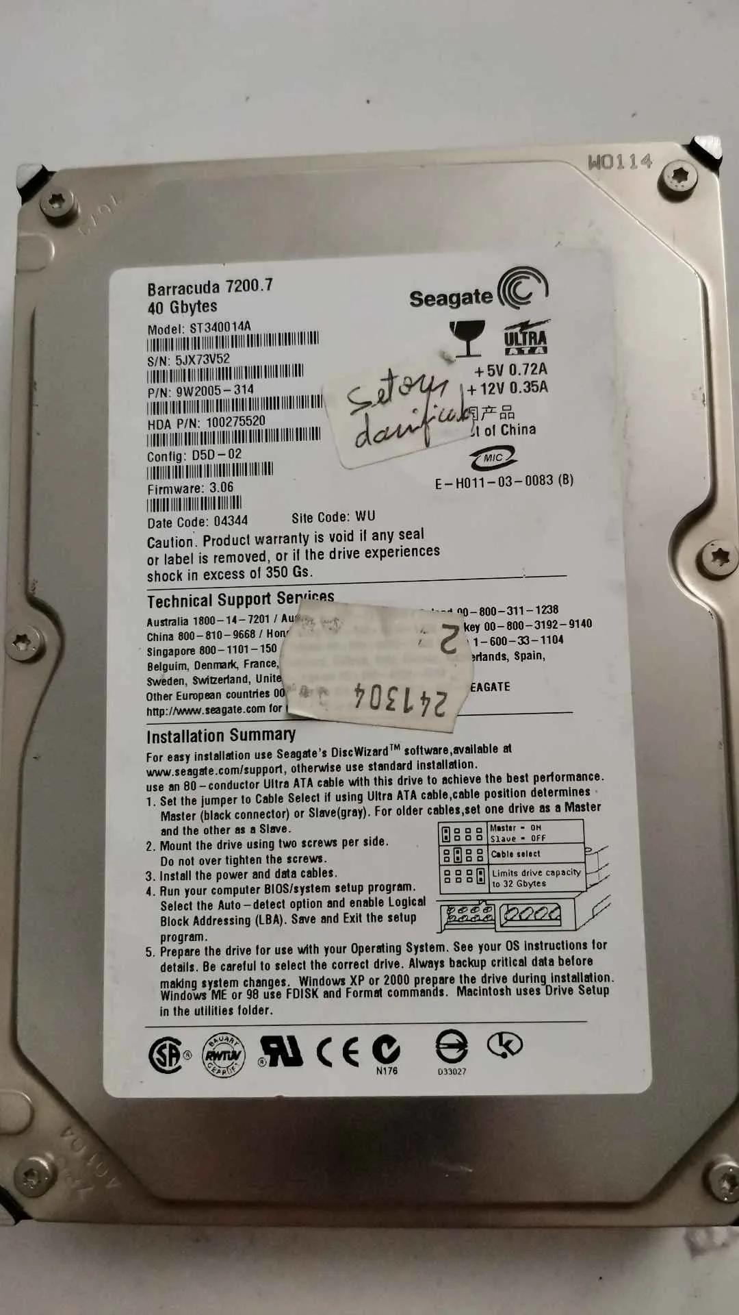 Seagate ST340014A S/N 5JX73V52