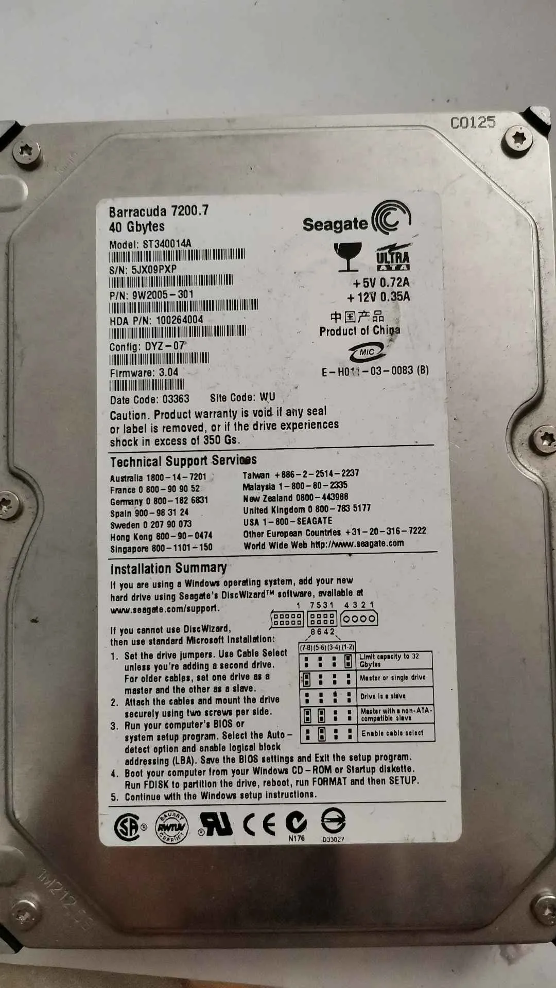 Seagate ST340014A S/N 5JX09PXP
