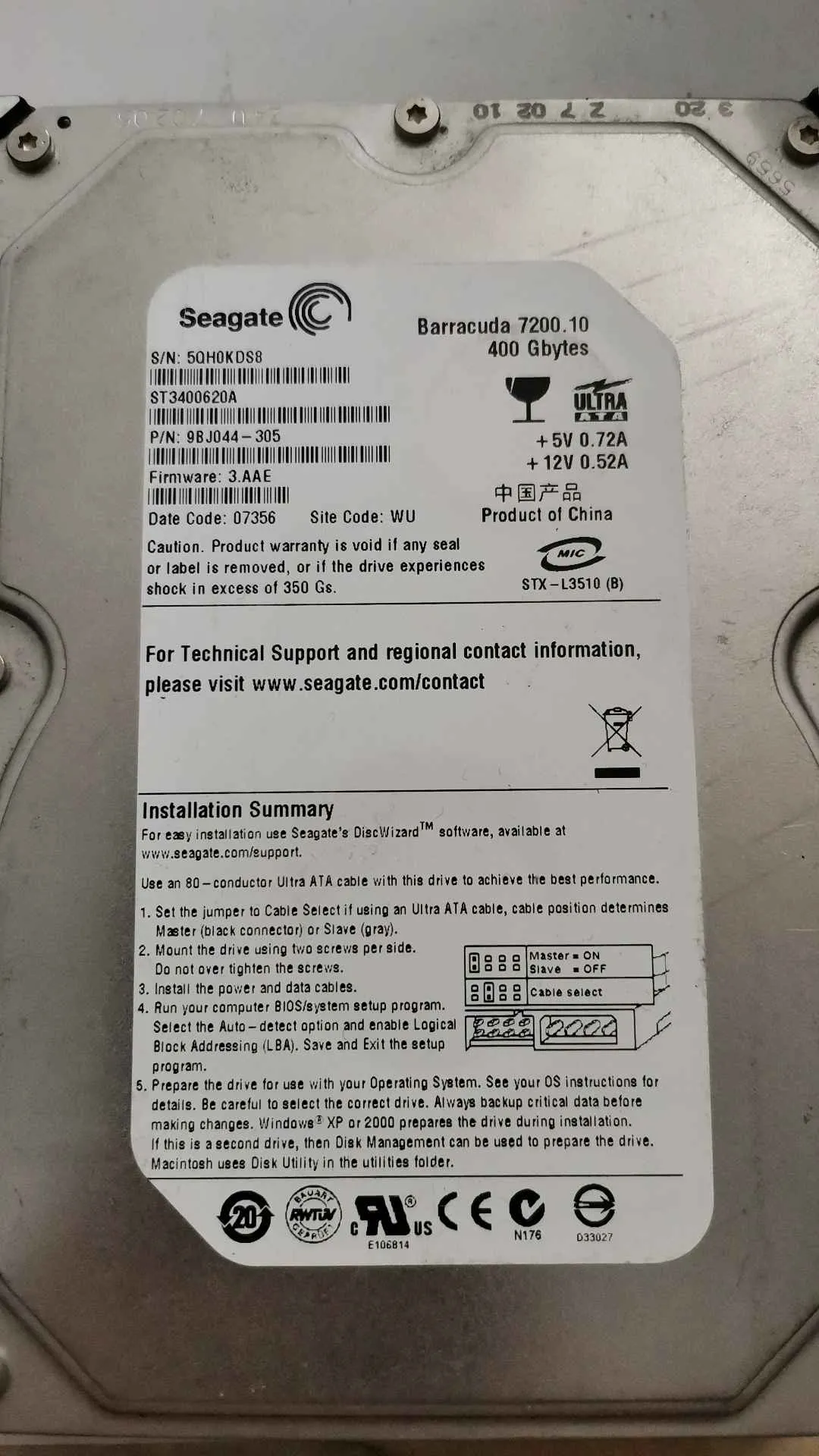 Seagate ST3400620A S/N 5QH0KDS8