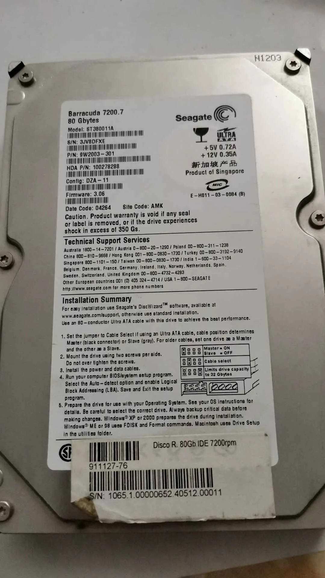 Seagate ST380011A S/N 3JV8DFXE