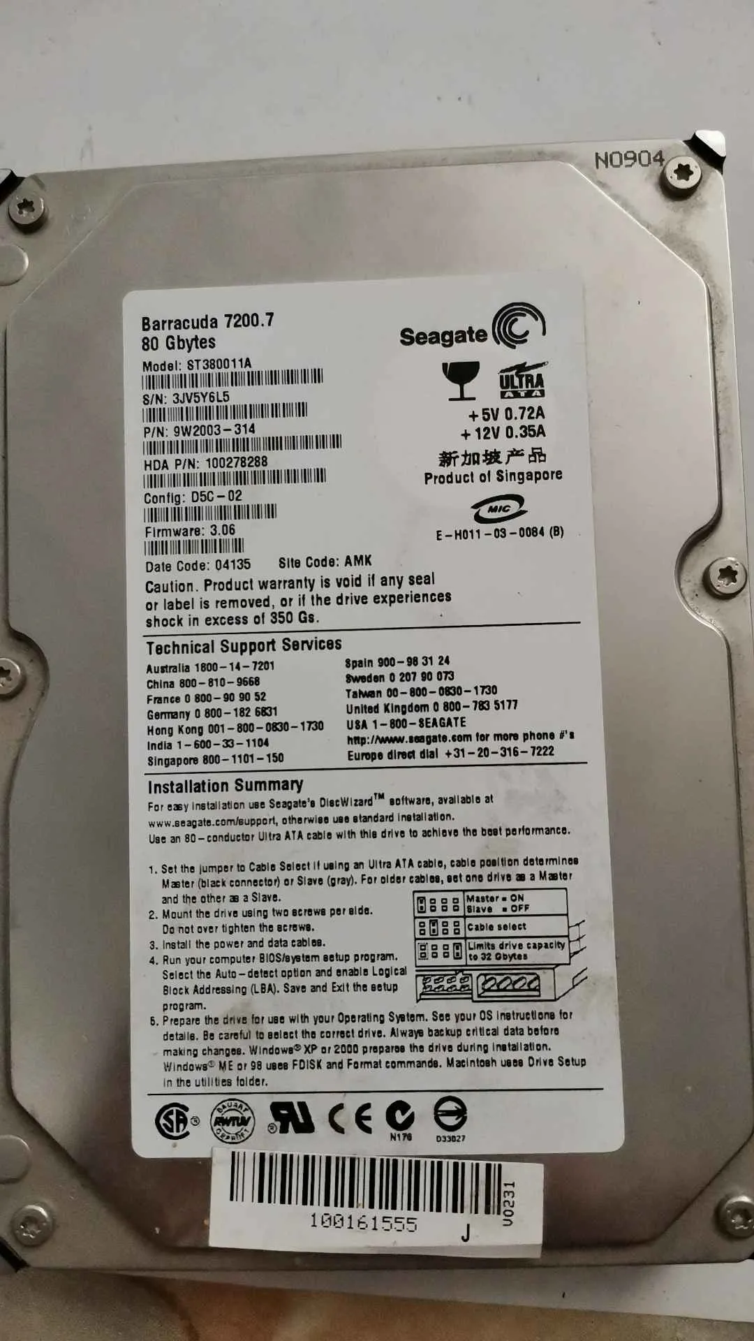 Seagate ST380011A S/N 3JV5Y6L5