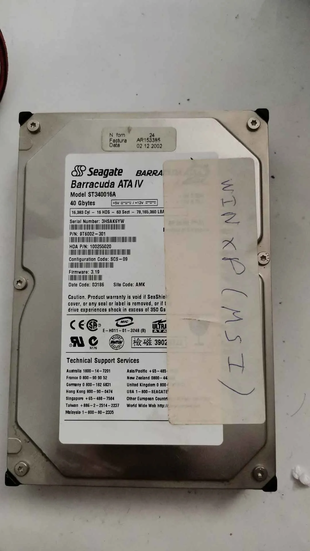 Seagate ST340016A S/N 3HSAK6YW