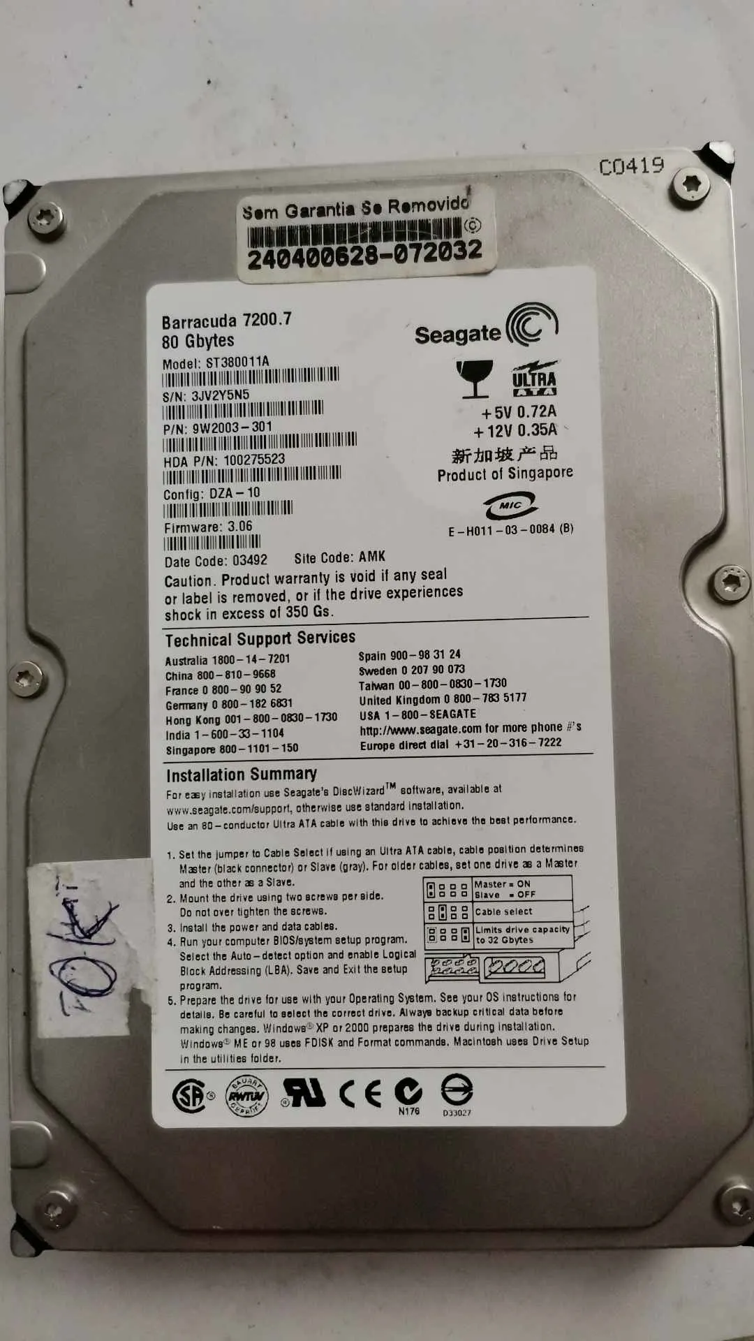 Seagate ST380011A S/N 3JV2Y5N5