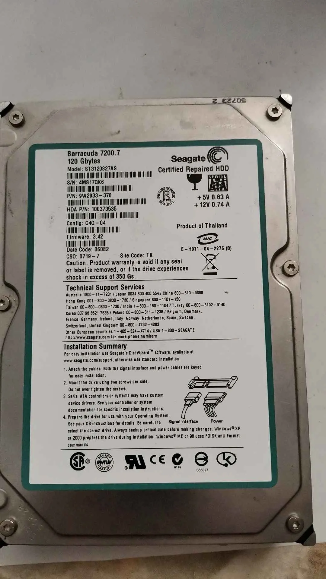 Seagate ST3120827AS S/N 4MS17QK6