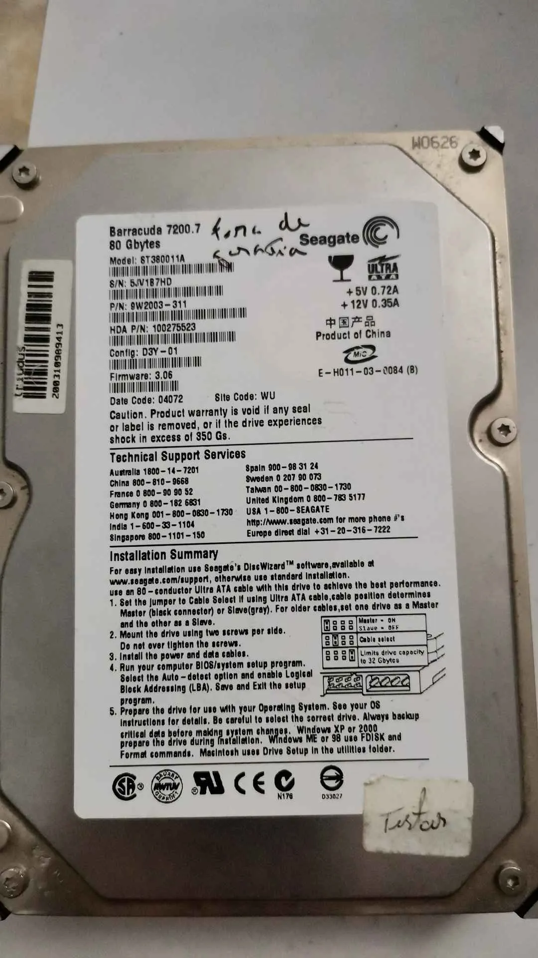 Seagate ST380011A S/N 5JV1B7HD