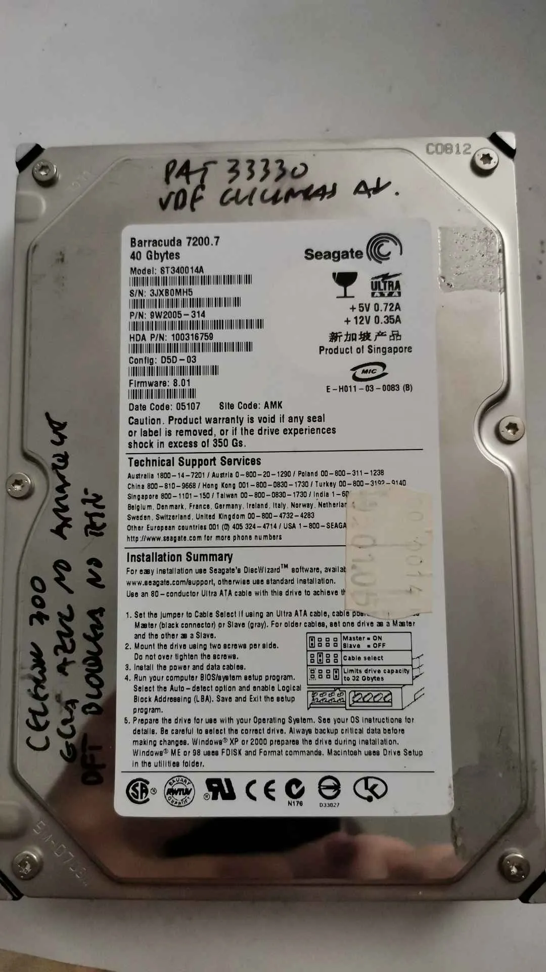 Seagate ST340014A S/N 3JXB0MH5