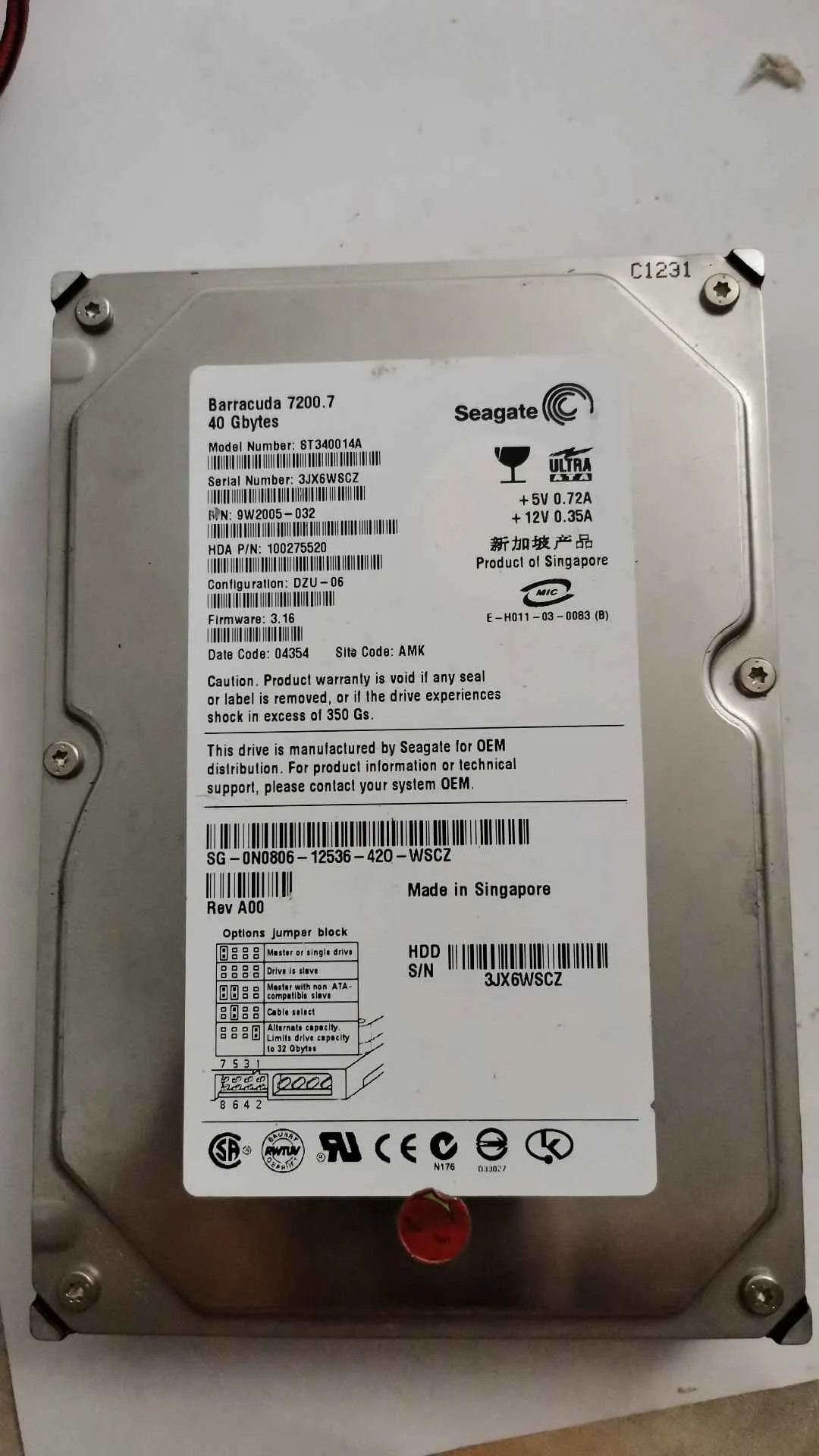 Seagate ST340014A S/N 3JX6WSCZ