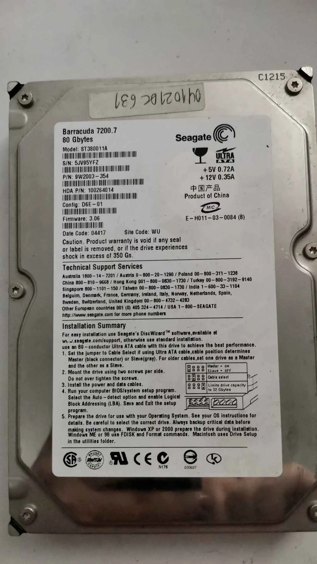 Seagate ST380011A S/N 5JV95YFZ