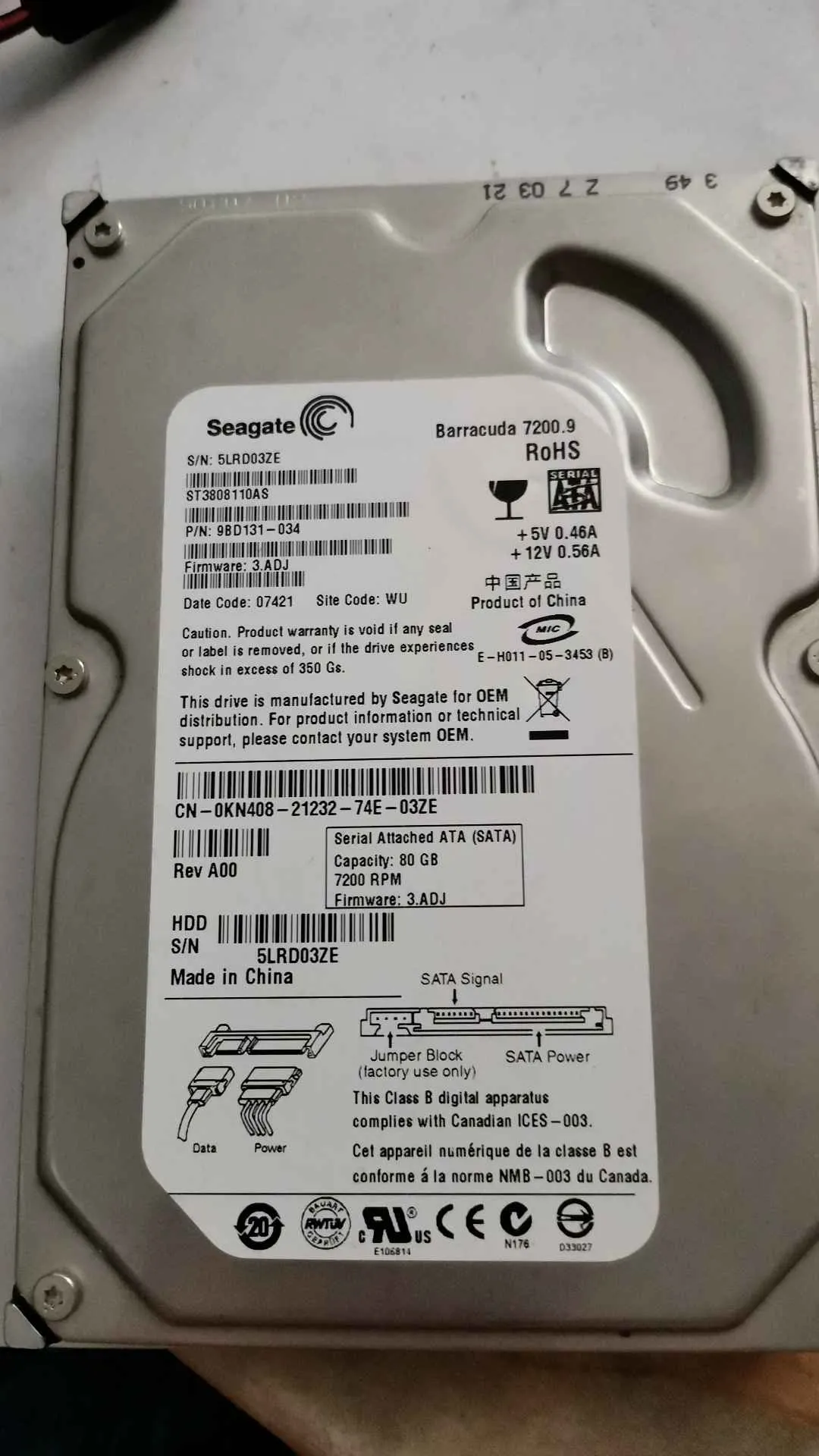 Seagate ST3808110AS S/N 5LRD03ZE