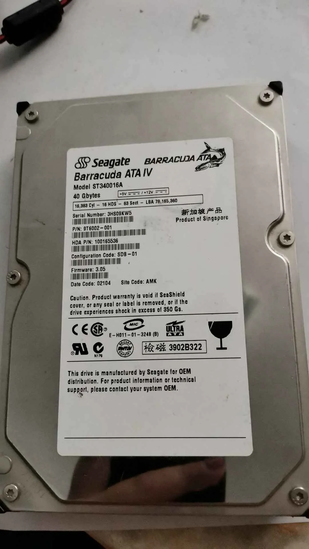 Seagate ST340016A S/N 3HS09KW5