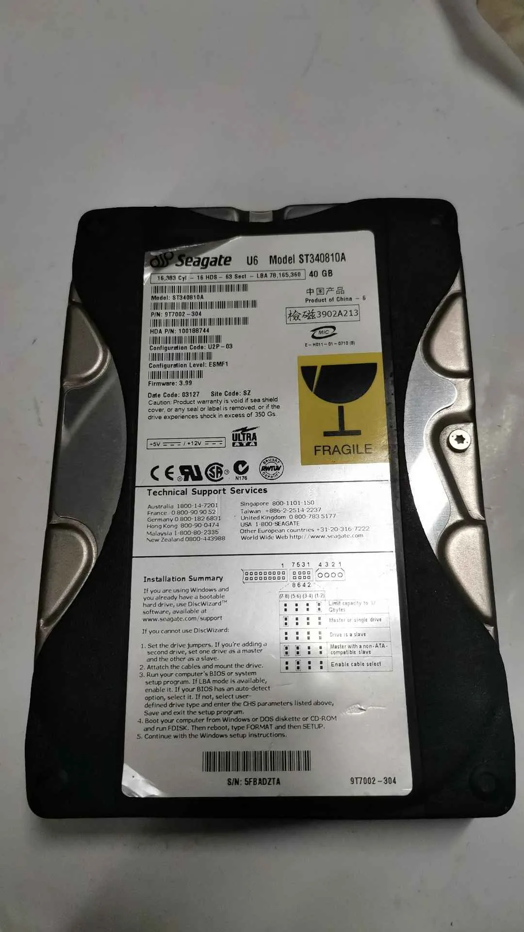 Seagate ST340810A S/N 5FBADZTA