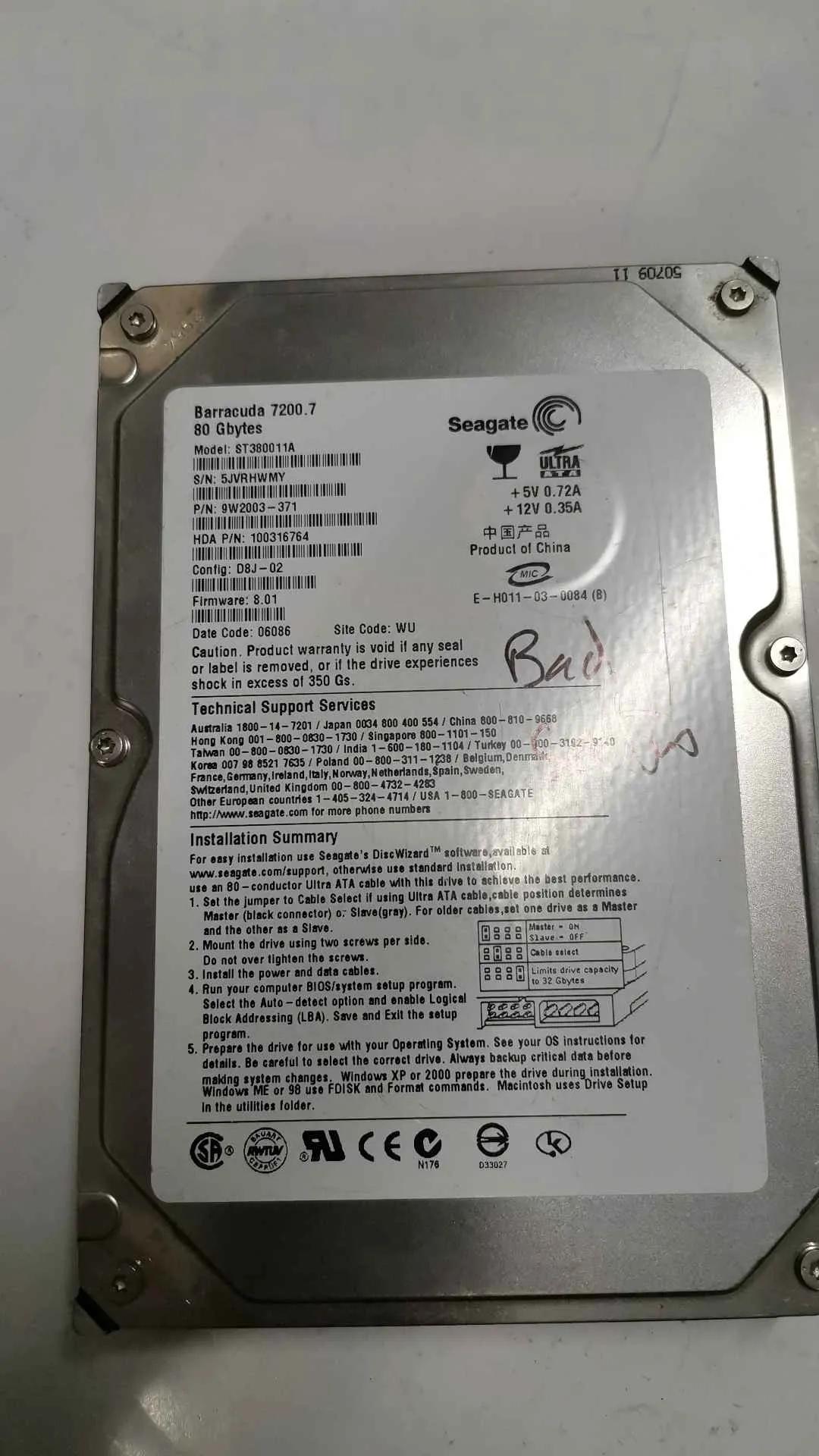 Seagate ST380011A S/N 5JVRHWMY