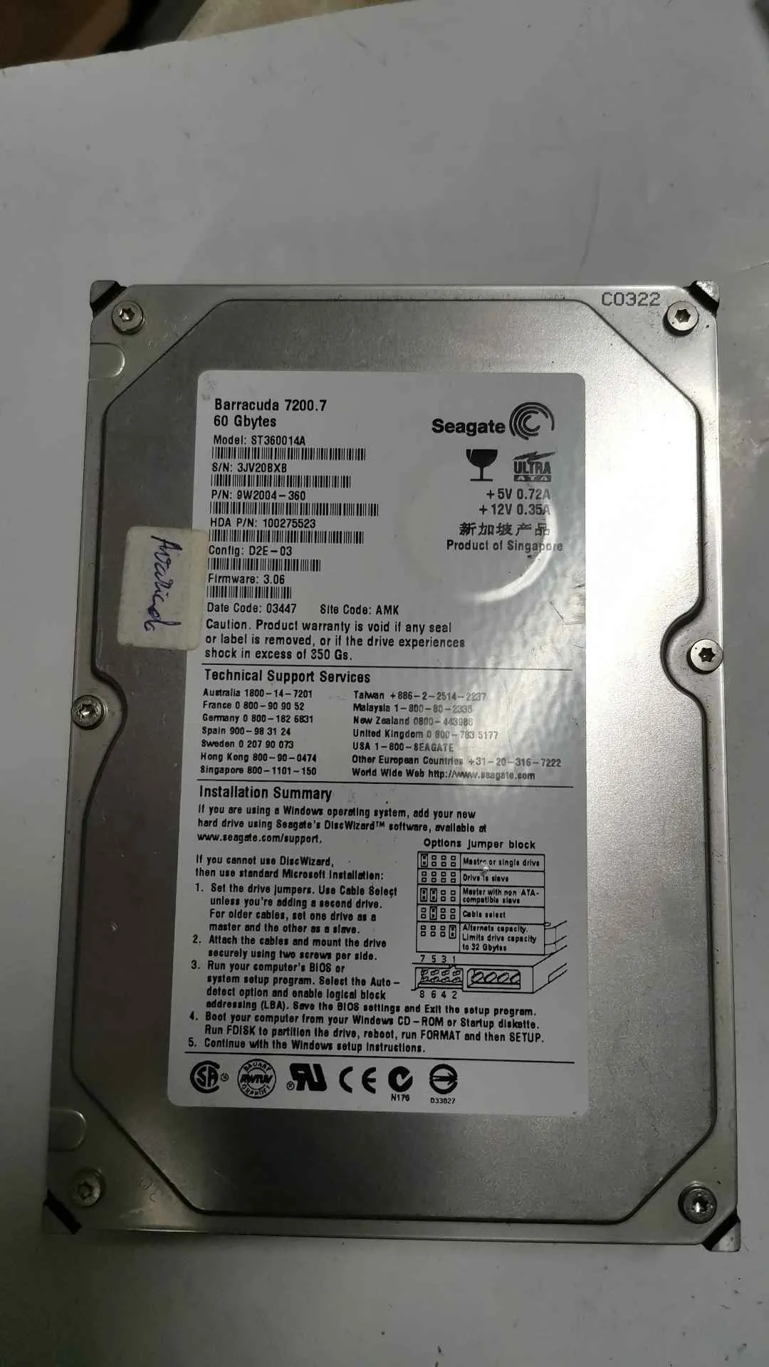 Seagate ST360014A S/N 3JV20BXB