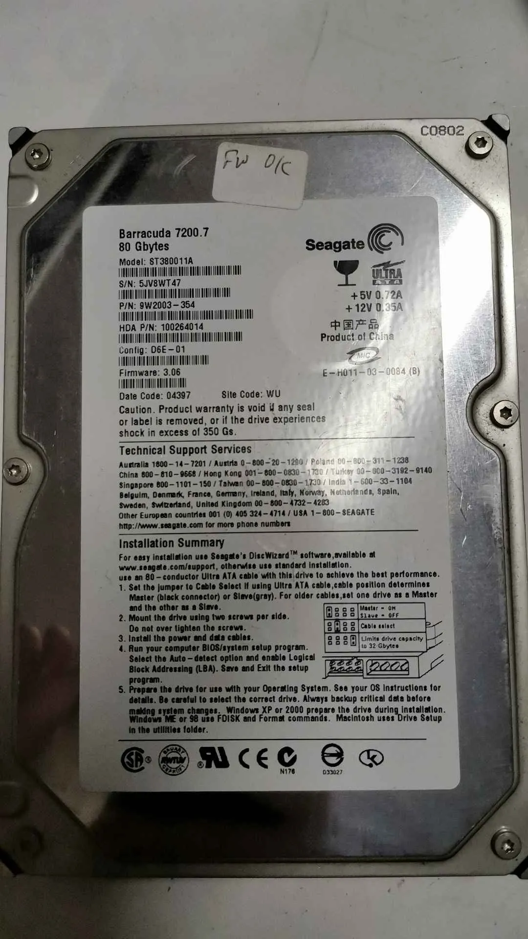 Seagate ST380011A S/N 5JV8WT47