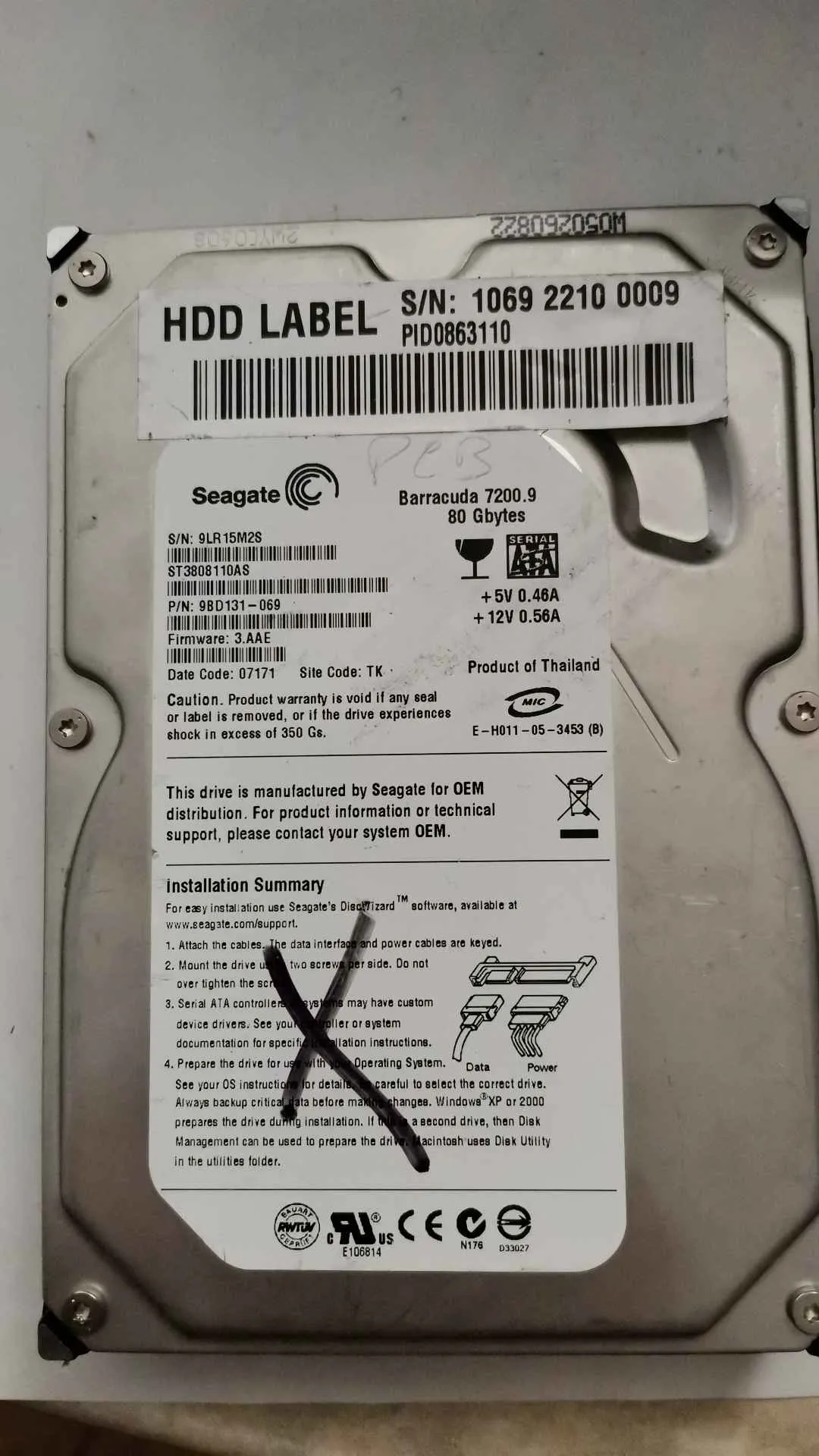 Seagate ST3808110AS S/N 9LR15M2S