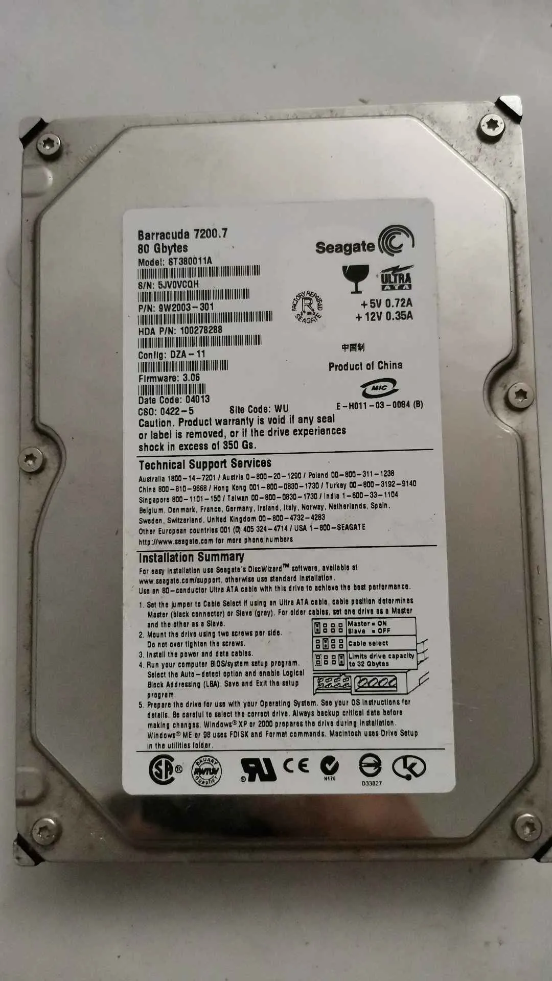 Seagate ST380011A S/N 5JV0VCQH