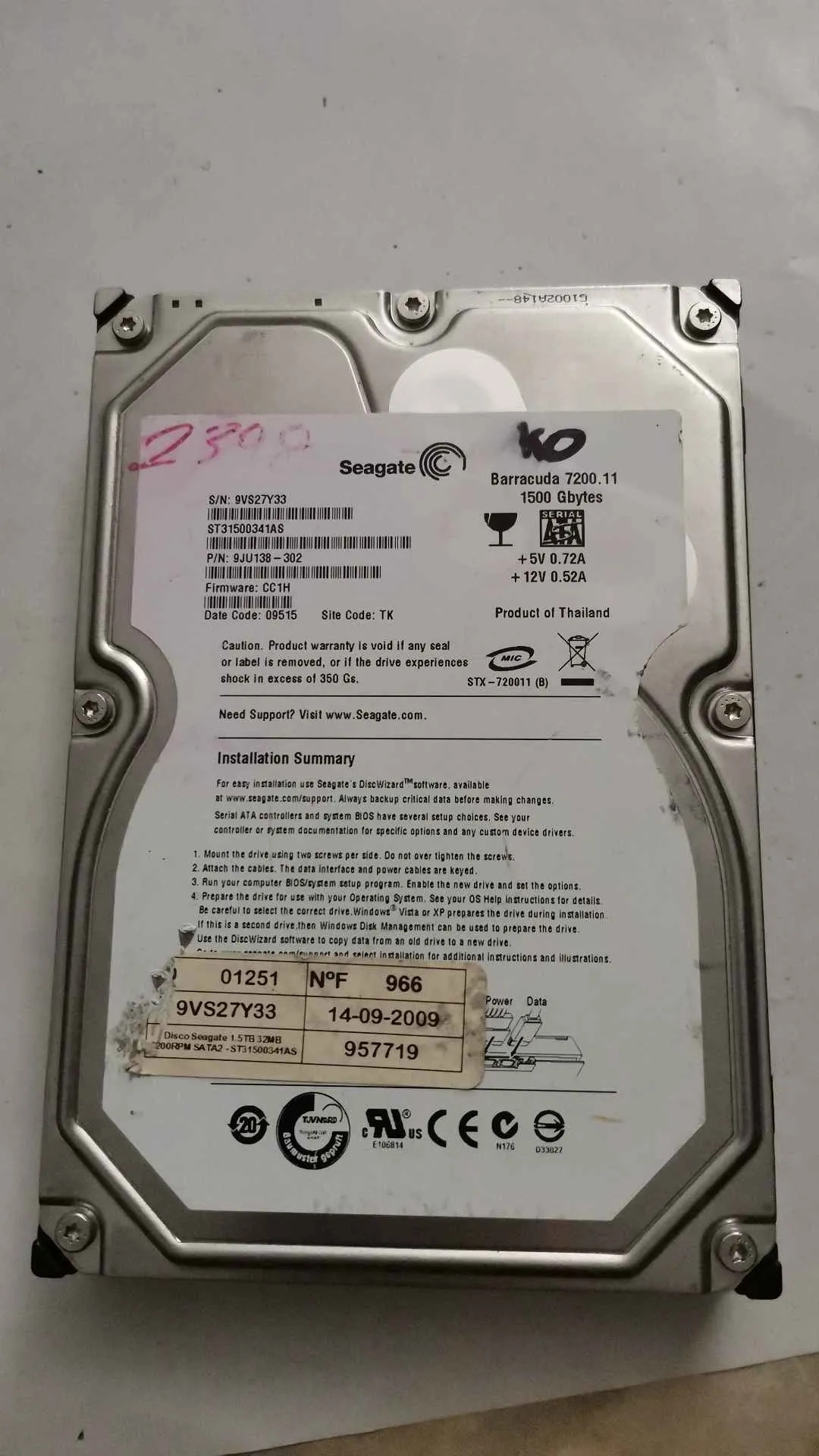 Seagate ST31500341AS S/N 9VS27Y33