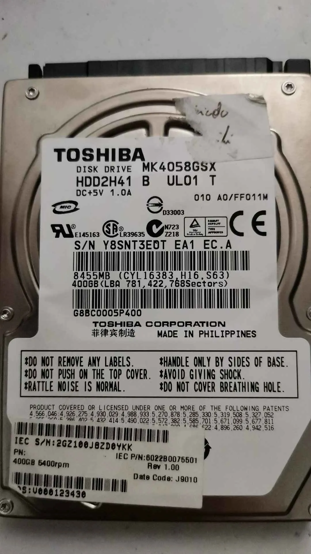 Toshiba MK4058GSX S/N Y8SNT3EOTEA1