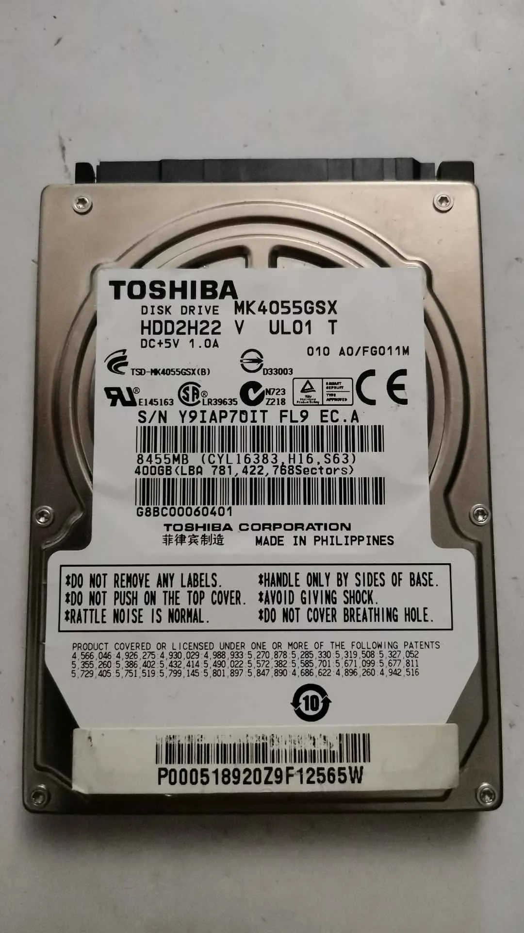 Toshiba MK4055GSX S/N Y9IAP7OITFL9
